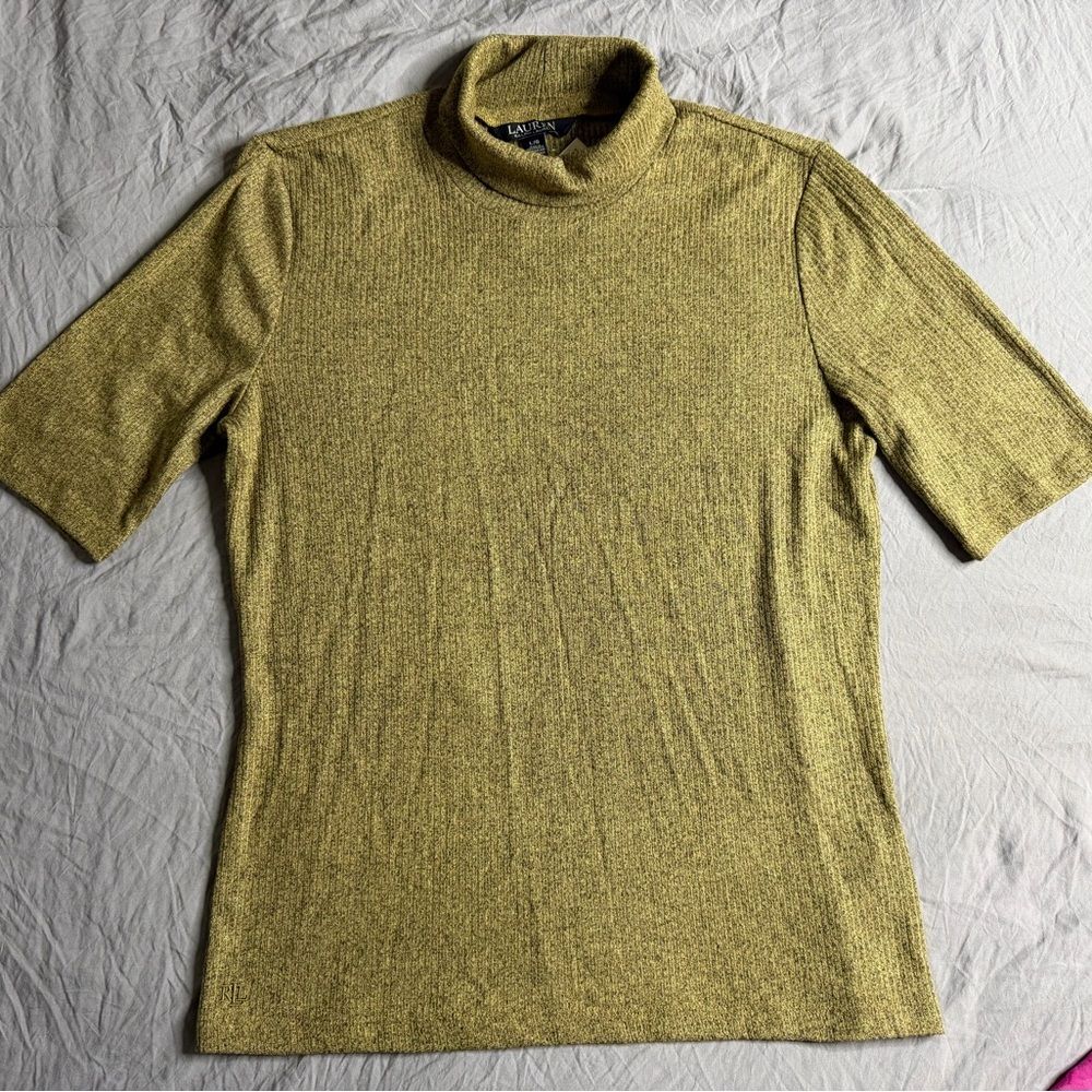 Lauren Ralph Lauren Gold Metallic Turtleneck  Stretch Ribbed Pullover Top Size L